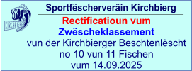 Sportfëscherveräin Kirchbierg Rectificatioun vum Zwëscheklassement  vun der Kirchbierger Beschtenlëscht no 10 vun 11 Fischen vum 14.09.2025