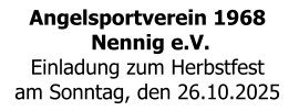 Angelsportverein 1968  Nennig e.V. Einladung zum Herbstfest am Sonntag, den 26.10.2025