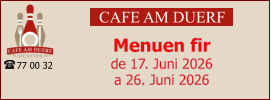 CAFE AM DUERF Menuen fir  de 17. Juni 2026 a 26. Juni 2026 77 00 32