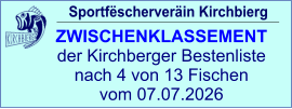 Sportfëscherveräin Kirchbierg ZWISCHENKLASSEMENT  der Kirchberger Bestenliste nach 4 von 13 Fischen vom 07.07.2026