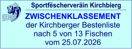 Sportfëscherveräin Kirchbierg ZWISCHENKLASSEMENT  der Kirchberger Bestenliste nach 5 von 13 Fischen vom 25.07.2026