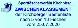 Sportfëscherveräin Kirchbierg ZWISCHENKLASSEMENT  der Kirchberger Bestenliste nach 5 von 13 Fischen vom 25.07.2026