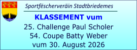 Sportfëscherveräin Stadtbriedemes KLASSEMENT vum 25. Challenge Paul Scholer 54. Coupe Batty Weber vum 30. August 2026