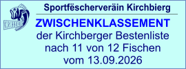 Sportfëscherveräin Kirchbierg ZWISCHENKLASSEMENT  der Kirchberger Bestenliste nach 11 von 12 Fischen vom 13.09.2026