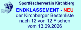 Sportfëscherveräin Kirchbierg ENDKLASSEMENT - NEU  der Kirchberger Bestenliste nach 12 von 12 Fischen vom 13.09.2026