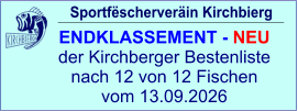 Sportfëscherveräin Kirchbierg ENDKLASSEMENT - NEU  der Kirchberger Bestenliste nach 12 von 12 Fischen vom 13.09.2026